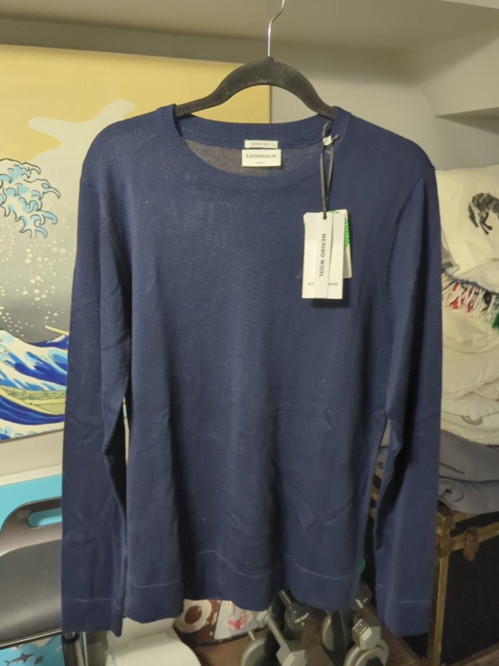 Lindbergh Men’s Slim Fit Merino Wool Blend Jumper Navy Dad Sweater NWT Large